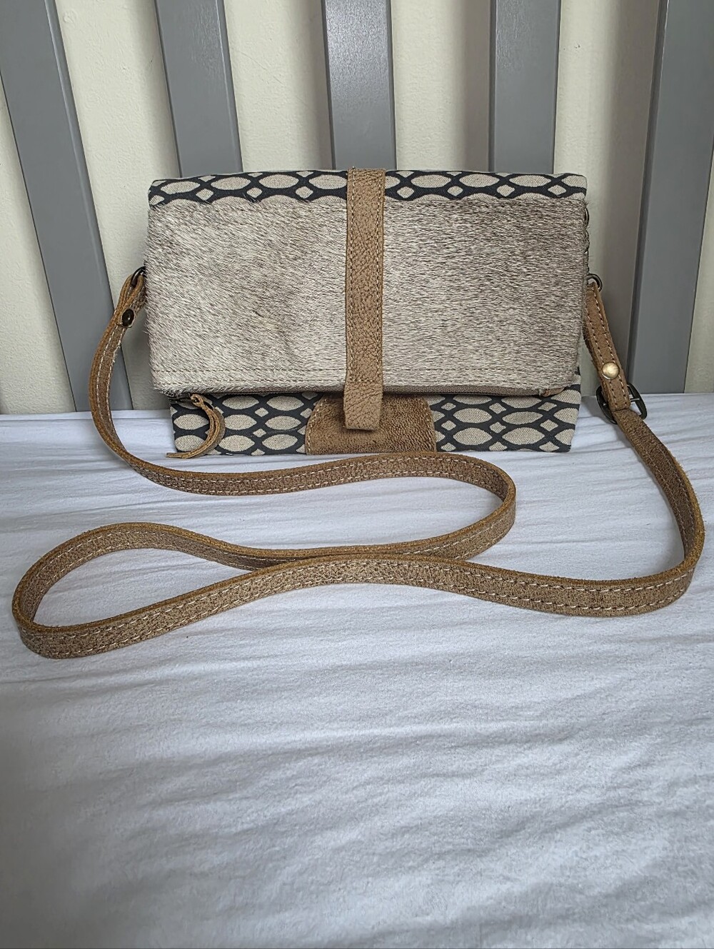Myra Bag Neutral Calf Hair Fold Over Crossbody Bag with Geometric Pattern